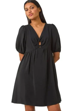 Roman Black Ring Detail V Neck Gathered Dress