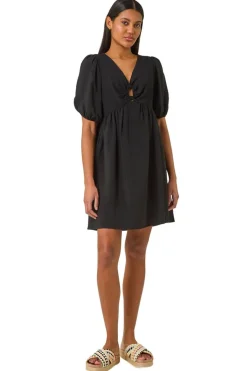 Roman Black Ring Detail V Neck Gathered Dress