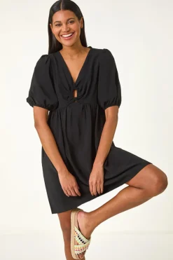 Roman Black Ring Detail V Neck Gathered Dress