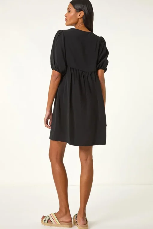 Roman Black Ring Detail V Neck Gathered Dress