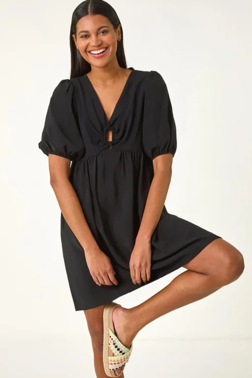 Roman Black Ring Detail V Neck Gathered Dress