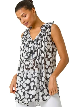 Roman Black Spot Print Frill Pintuck Detail Top