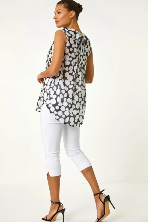 Roman Black Spot Print Frill Pintuck Detail Top