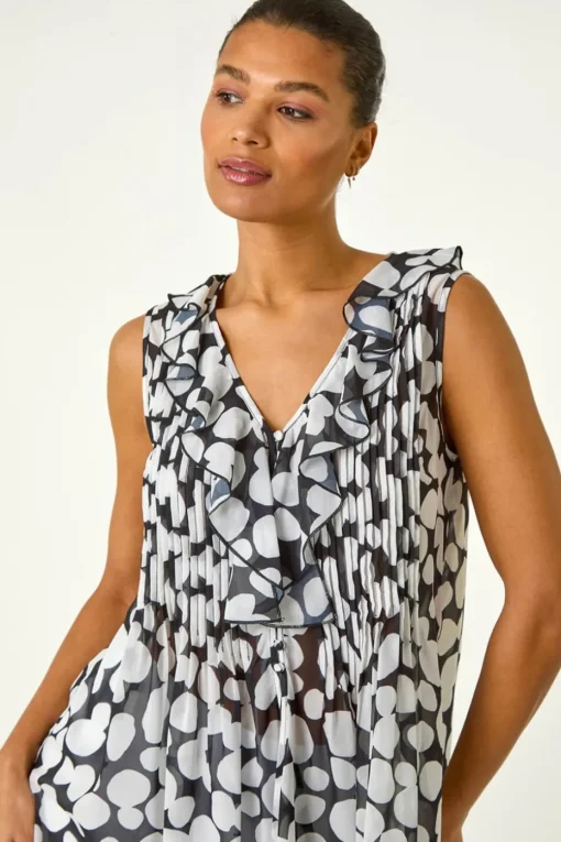 Roman Black Spot Print Frill Pintuck Detail Top
