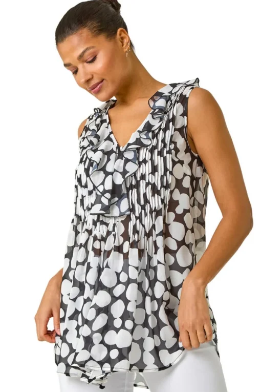 Roman Black Spot Print Frill Pintuck Detail Top