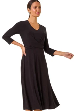 Roman Black Stretch Crossover Midi Dress