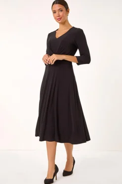 Roman Black Stretch Crossover Midi Dress