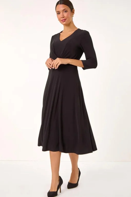 Roman Black Stretch Crossover Midi Dress