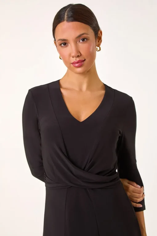 Roman Black Stretch Crossover Midi Dress