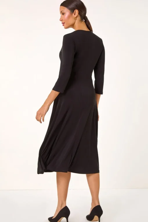 Roman Black Stretch Crossover Midi Dress