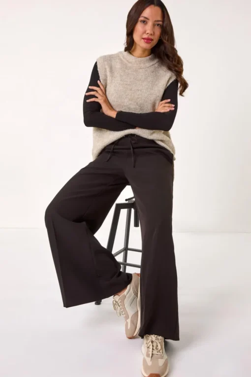 Roman Black Super Stretch Tie Front Wide Leg Trouser