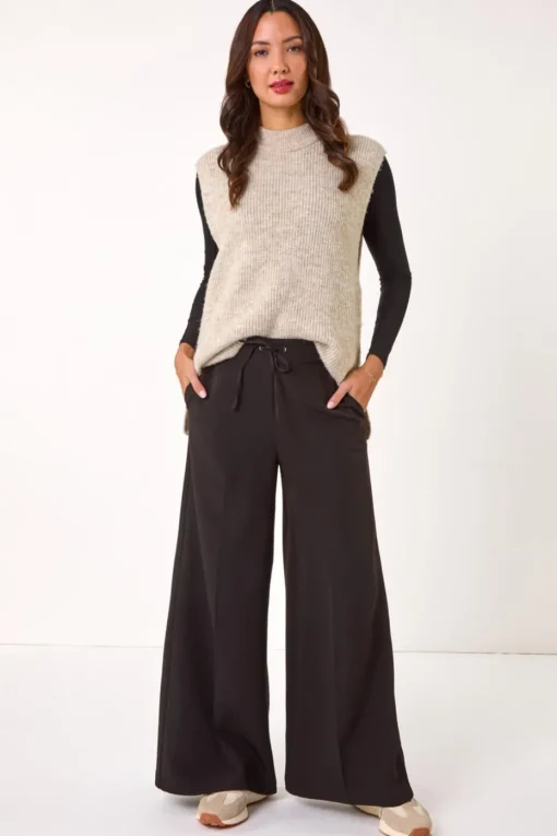 Roman Black Super Stretch Tie Front Wide Leg Trouser