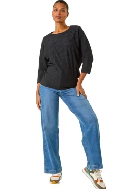Roman Black Textured Batwing Sleeve Top