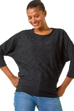 Roman Black Textured Batwing Sleeve Top