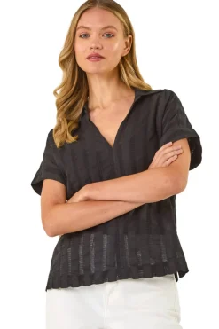 Roman Black Textured Collar V-Neck Top