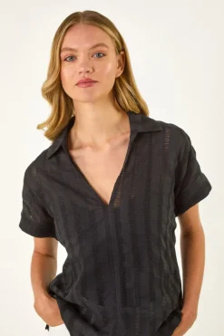 Roman Black Textured Collar V-Neck Top