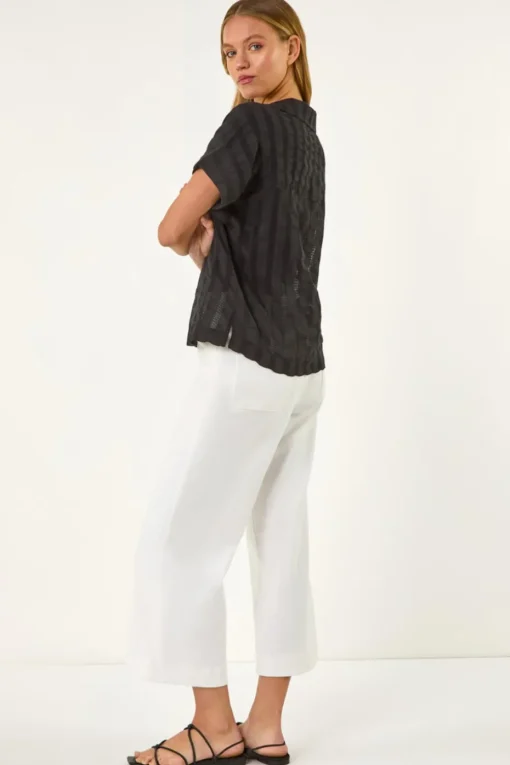 Roman Black Textured Collar V-Neck Top