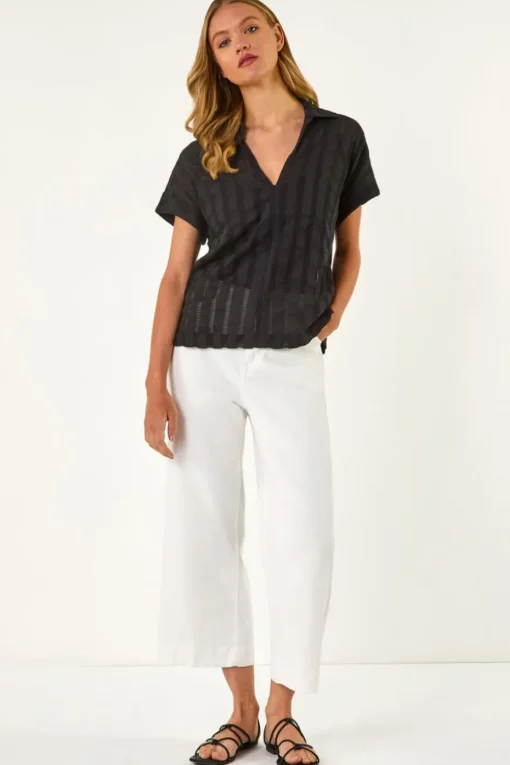 Roman Black Textured Collar V-Neck Top