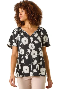 Roman Black Textured Floral Print V Neck Stretch Top