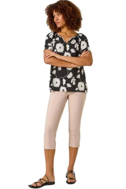 Roman Black Textured Floral Print V Neck Stretch Top