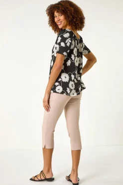 Roman Black Textured Floral Print V Neck Stretch Top