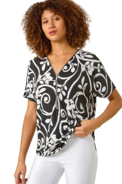 Roman Black Textured Print Zip Detail Top