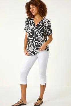 Roman Black Textured Print Zip Detail Top