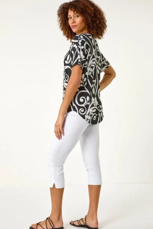Roman Black Textured Print Zip Detail Top