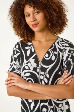 Roman Black Textured Print Zip Detail Top