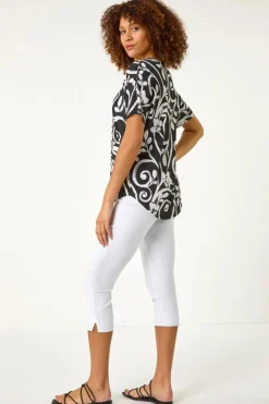 Roman Black Textured Print Zip Detail Top