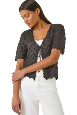 Roman Black Textured Tie Front Shrug
