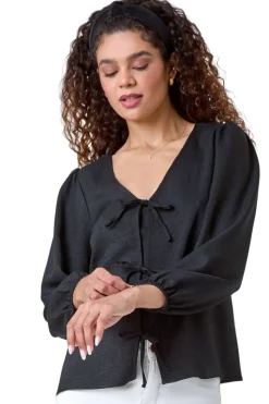 Roman Black Tie Front Woven Top