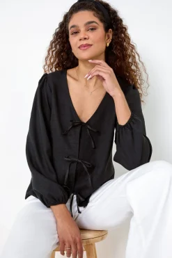 Roman Black Tie Front Woven Top
