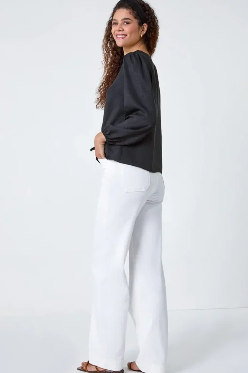 Roman Black Tie Front Woven Top