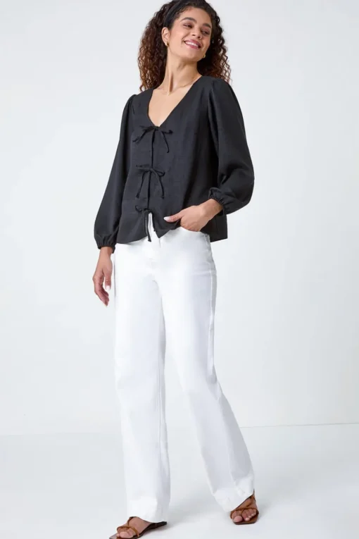 Roman Black Tie Front Woven Top