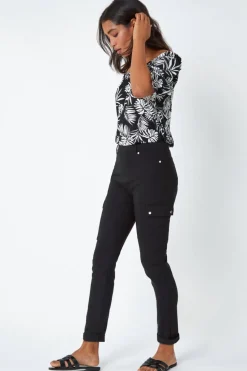 Roman Black Turn Up Stretch Cargo Trousers