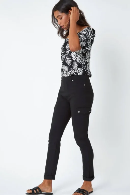 Roman Black Turn Up Stretch Cargo Trousers