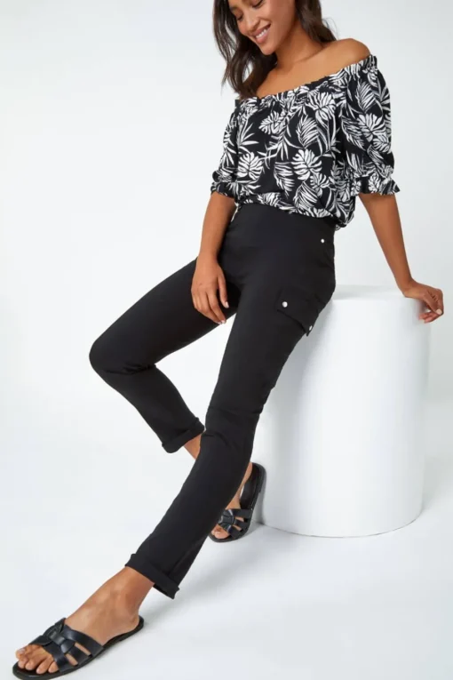 Roman Black Turn Up Stretch Cargo Trousers