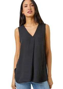 Roman Black V-Neck Pleat Tunic Tank Top