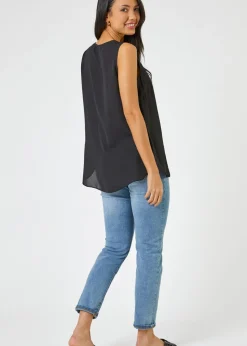 Roman Black V-Neck Pleat Tunic Tank Top