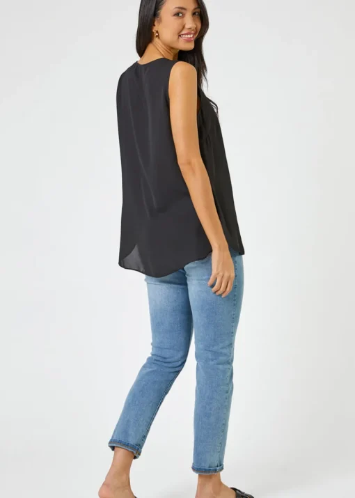 Roman Black V-Neck Pleat Tunic Tank Top