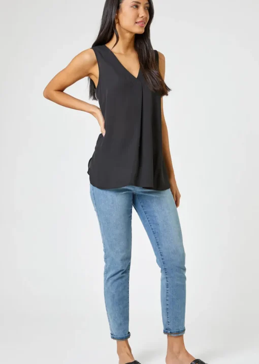 Roman Black V-Neck Pleat Tunic Tank Top