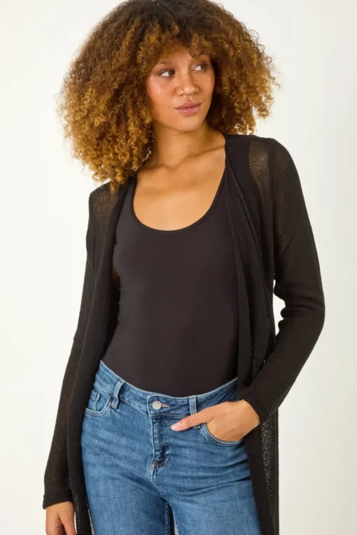 Roman Black Waterfall Knit Longline Cardigan