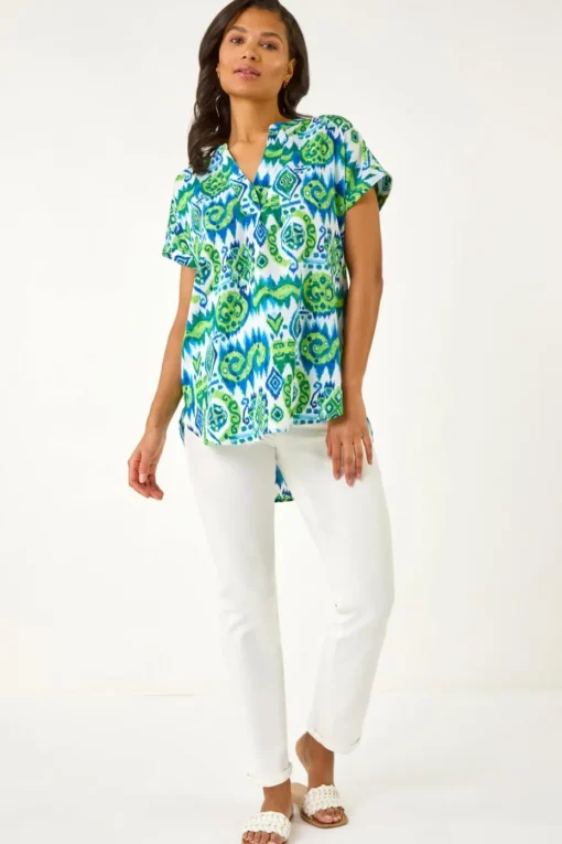 Roman Blue Abstract Print V-Neck Top