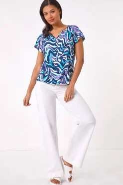 Roman Blue Abstract Print Hanky Hem Stretch Top