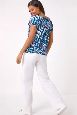 Roman Blue Abstract Print Hanky Hem Stretch Top