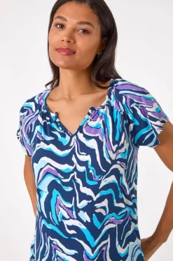 Roman Blue Abstract Print Hanky Hem Stretch Top