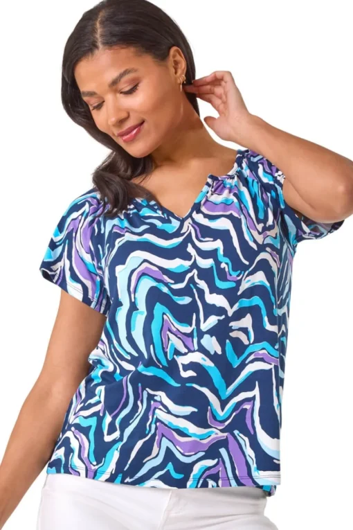 Roman Blue Abstract Print Hanky Hem Stretch Top