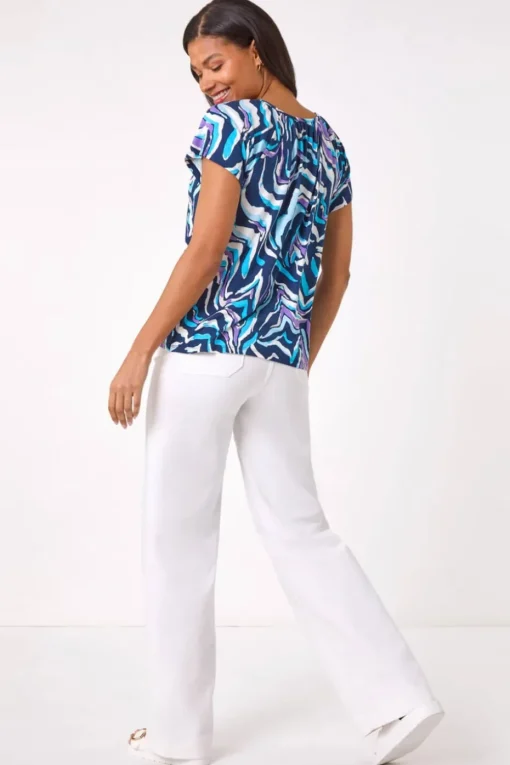 Roman Blue Abstract Print Hanky Hem Stretch Top