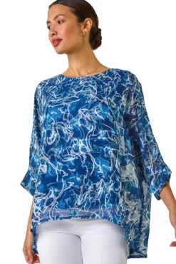 Roman Blue Abstract Print Overlay Tunic Top